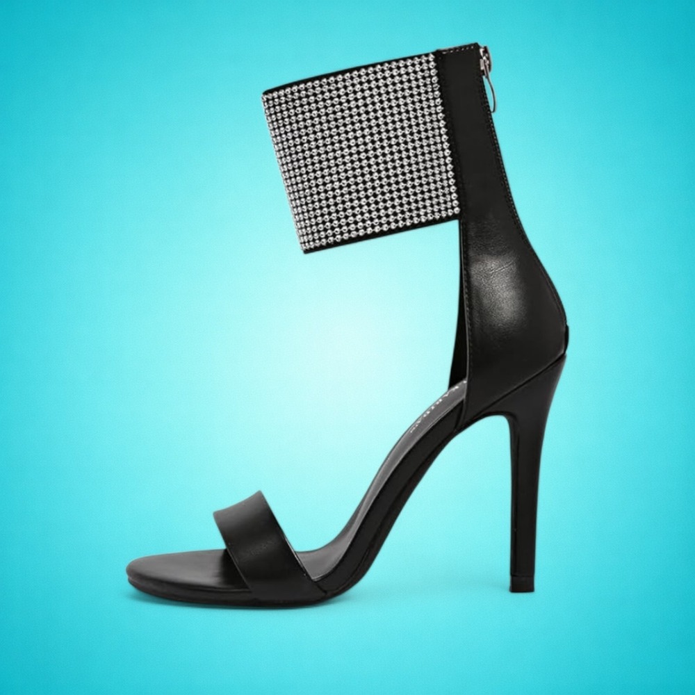 New Carla Karida Women's Black Sparkle Ankle Strap Stiletto Heels, Size 6.5